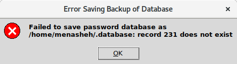 error saving backup of database: record 231 does not exist